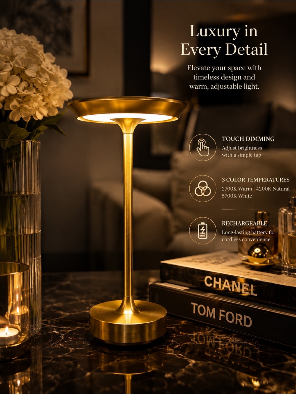 New Brass LED Touch Table Lamp - Gold Finish See videos